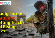 Deadly Europe Heatwave: Melting Tracks and Rising Risks Deadly Europe heatwave impact with extreme heat, melting roads, and rising climate risks in a city landscape.