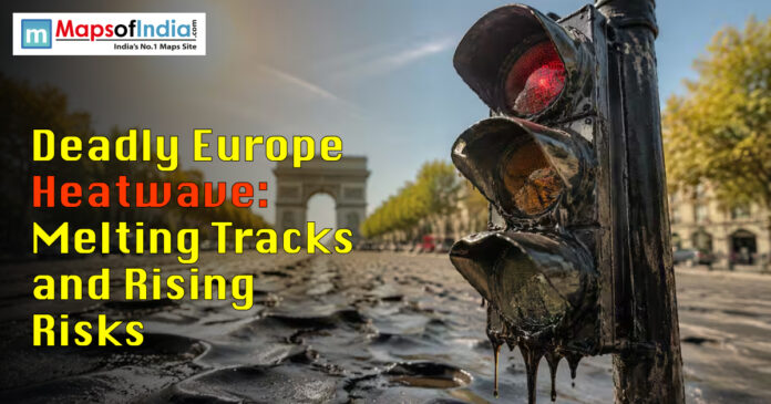 Deadly Europe heatwave impact with extreme heat, melting roads, and rising climate risks in a city landscape.