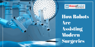 How Robots Are Assisting Modern Surgeries Robotic surgical arms hovering over a patient table from Modern surgery .jpg, captioned "How Robots Are Assisting Modern Surgeries."