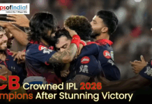 RCB Crowned IPL 2026 Champions After Stunning Victory RCB players celebrate joyfully on the field after winning the IPL 2026 championship title.