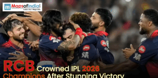 RCB Crowned IPL 2026 Champions After Stunning Victory RCB players celebrate joyfully on the field after winning the IPL 2026 championship title.