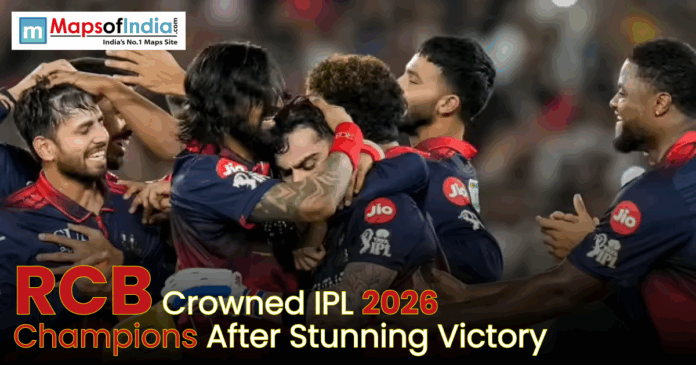 RCB players celebrate joyfully on the field after winning the IPL 2026 championship title.