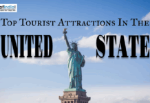 Top Tourist Attraction In The United States The Statue of Liberty against a blue sky, featured in a graphic highlighting the top tourist attractions in the United States.