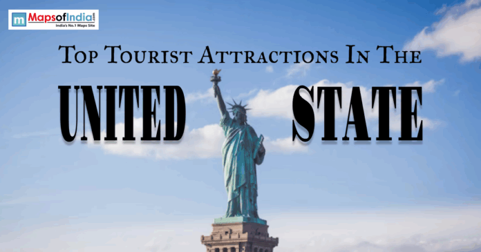 UNITEED STATE The Statue of Liberty against a blue sky, featured in a graphic highlighting the top tourist attractions in the United States.
