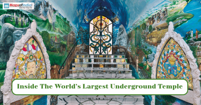 Colorful interior of a large underground temple featuring intricate murals, stained-glass artwork, and a grand central altar.
