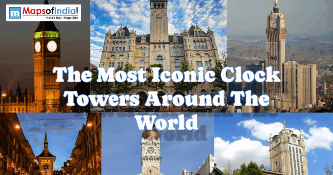 Collage showcasing the most iconic clock towers around the world with famous landmark towers and historic architecture.