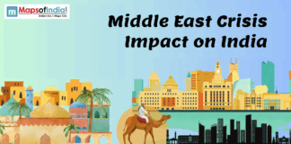 Middle East Crisis Impact on India Middle East Crisis impact on India illustration showing Middle Eastern landmarks, Indian city skyline, and economic connections.