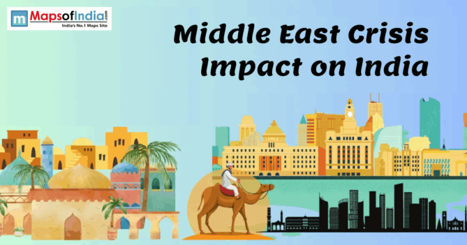 Middle East Crisis impact on India illustration showing Middle Eastern landmarks, Indian city skyline, and economic connections.