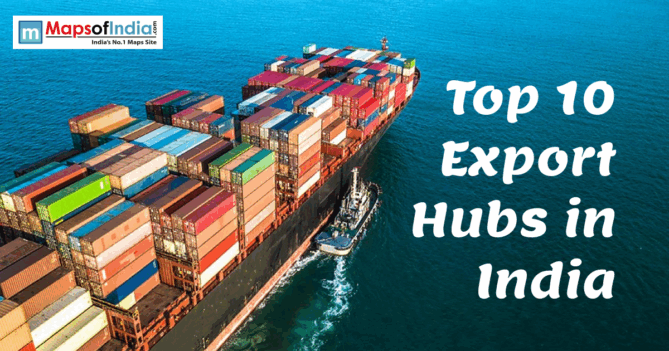 Top 10 Export Hubs in India featuring a cargo ship with shipping containers for global trade.