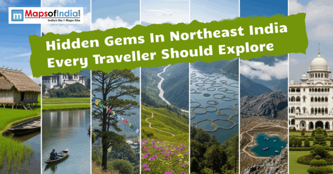 Hidden gems of Northeast India featuring scenic landscapes, mountains, lakes, cultural sites, and offbeat travel destinations.