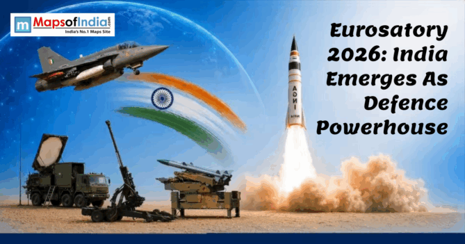 Eurosatory 2026 India defence showcase featuring fighter jet, missile launch, and military equipment.
