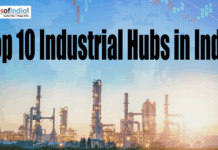 Top 10 Industrial Hubs in India An industrial refinery plant backdrop with a world map overlay, featuring the text "Top 10 Industrial Hubs in India" and the Maps of India logo.