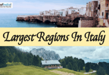 Largest Regions in Italy A split graphic from italy featuring a coastal town on rocky cliffs overlooking the sea on top, a mountain landscape with a wooden cabin on green hills below, and a central banner reading "Largest Regions In Italy" with a Maps of India logo.