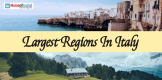 Largest Regions in Italy A split graphic from italy featuring a coastal town on rocky cliffs overlooking the sea on top, a mountain landscape with a wooden cabin on green hills below, and a central banner reading "Largest Regions In Italy" with a Maps of India logo.