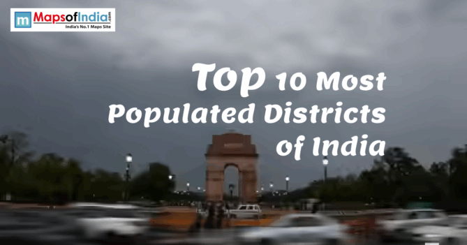 Top 10 Most Populated Districts of India infographic with India Gate background