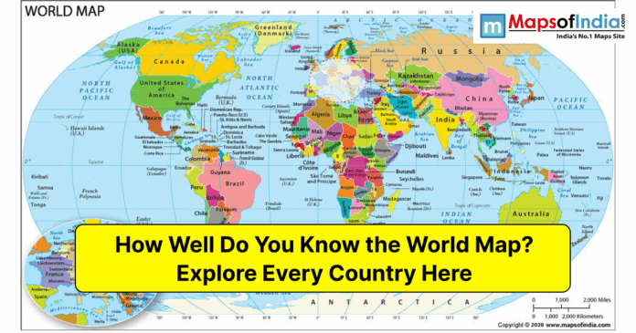 Political world map infographic with text "How Well Do You Know the World Map? Explore Every Country Here."