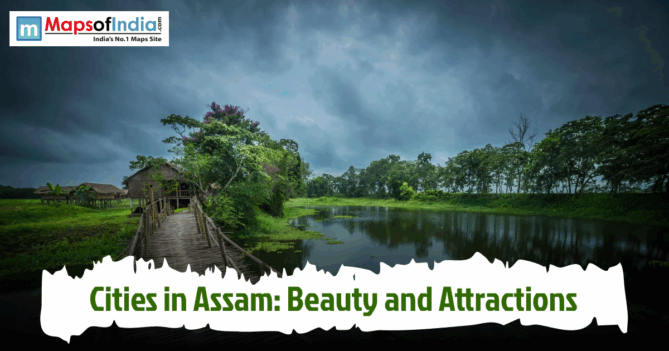 Scenic landscape showcasing the natural beauty of Assam with a riverside village, lush greenery, and tranquil waters.