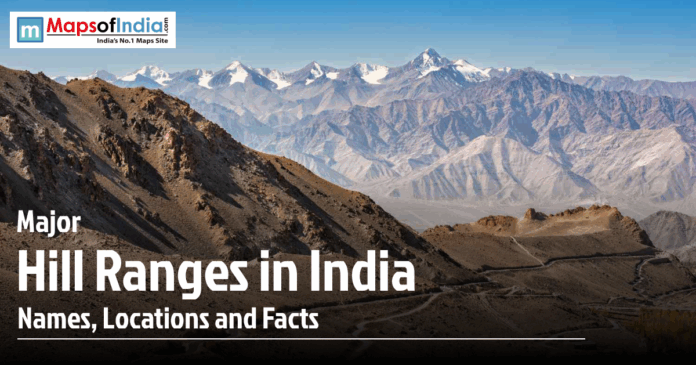 Major Hill Ranges Scenic view of the major hill ranges in India featuring rugged mountains, snow-capped peaks, and valleys.