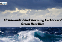 El Niño and Global Warming Fuel Record Ocean Heat Rise Stormy ocean waves under dark clouds illustrating record ocean heat driven by El Niño and global warming.