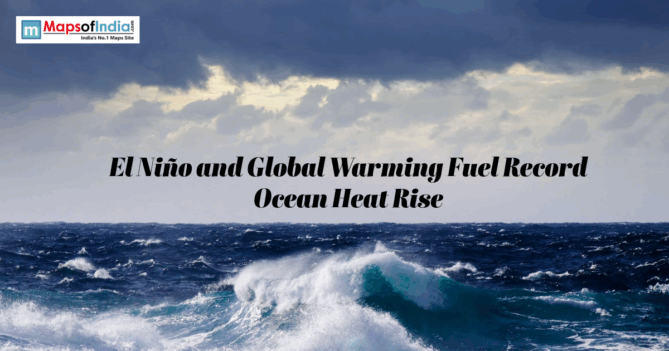 Stormy ocean waves under dark clouds illustrating record ocean heat driven by El Niño and global warming.