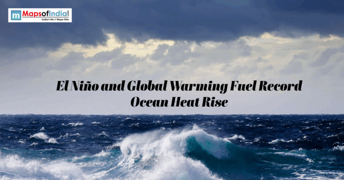 Ocean Stormy ocean waves under dark clouds illustrating record ocean heat driven by El Niño and global warming.