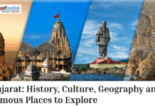 Gujarat: History, Culture, Geography and Famous Places to Explore Collage showcasing Gujarat's iconic attractions including Somnath Temple, Dwarkadhish Temple, Statue of Unity, and Asiatic lions in Gir National Park.