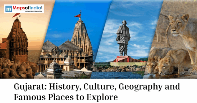 Collage showcasing Gujarat's iconic attractions including Somnath Temple, Dwarkadhish Temple, Statue of Unity, and Asiatic lions in Gir National Park.