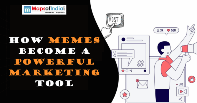 Illustration showing how memes become a powerful marketing tool with social media engagement icons and creative content elements.