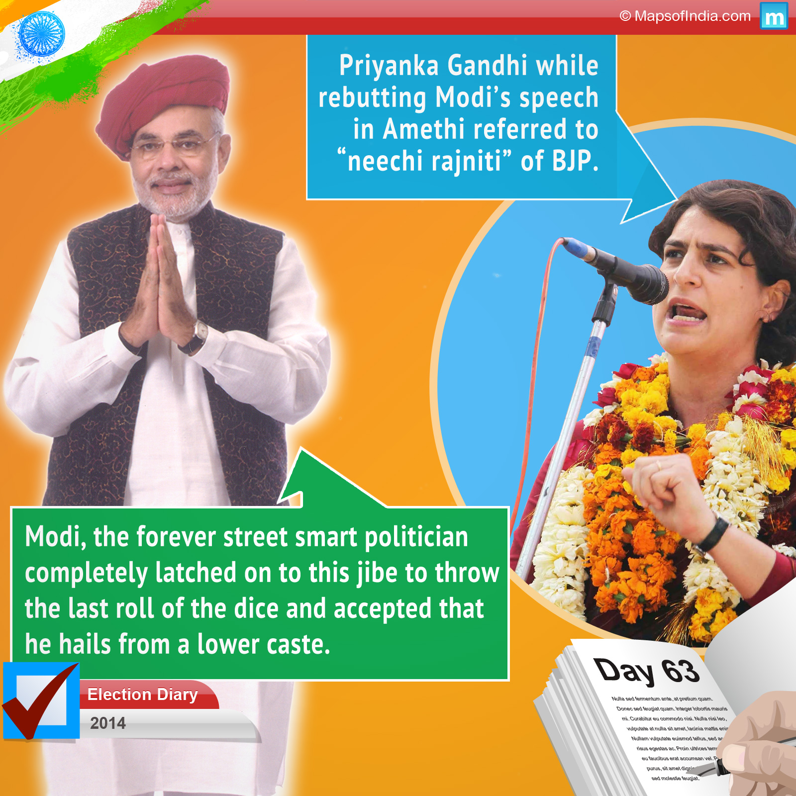 Priyanka Gandhi while rebutting Modi’s speech in Amethi had referred to “neechi rajniti” of BJP