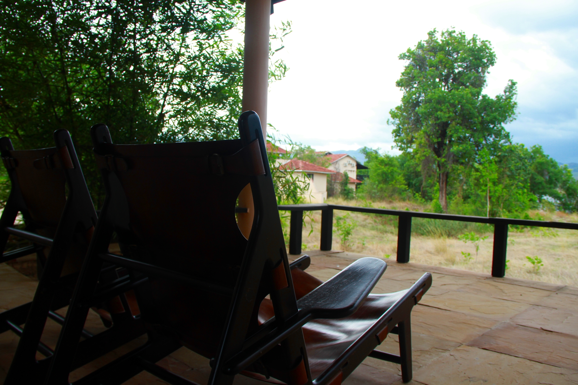 An outdoor deckchairs with plush leather .