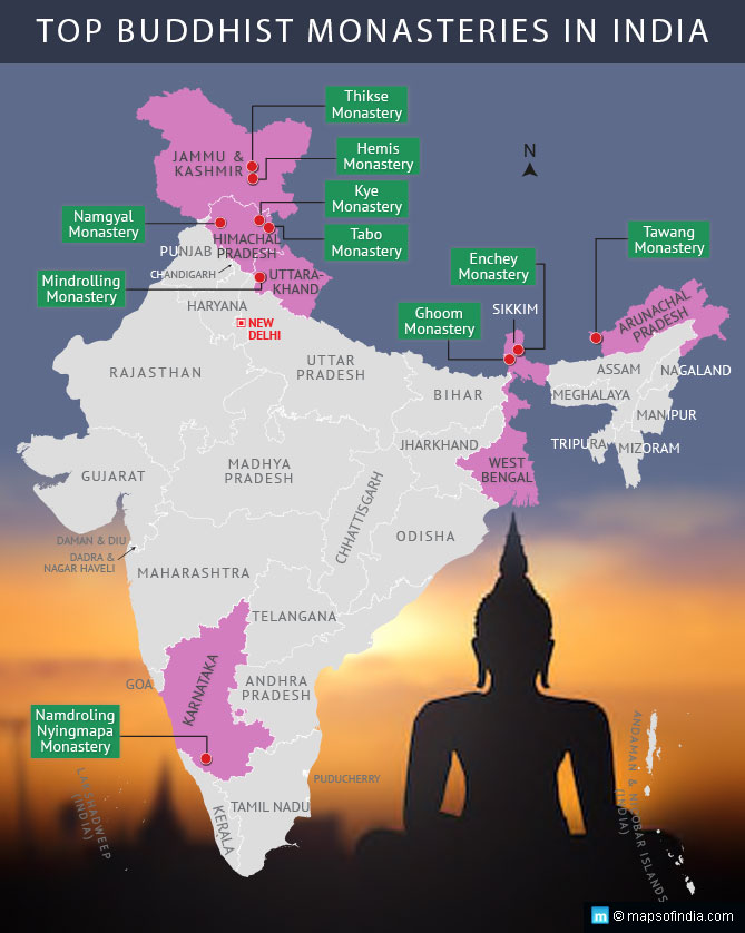 Map of Top Buddhist Monasteries in India