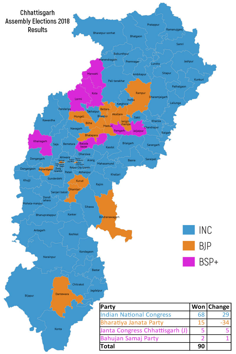 Map of Chhattisgarh Vidhan Sabha Constituencies in 2018 Election Results