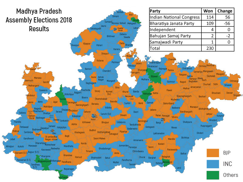 Map of Madhya Pradesh Vidhan Sabha Constituencies in 2018 Election Results