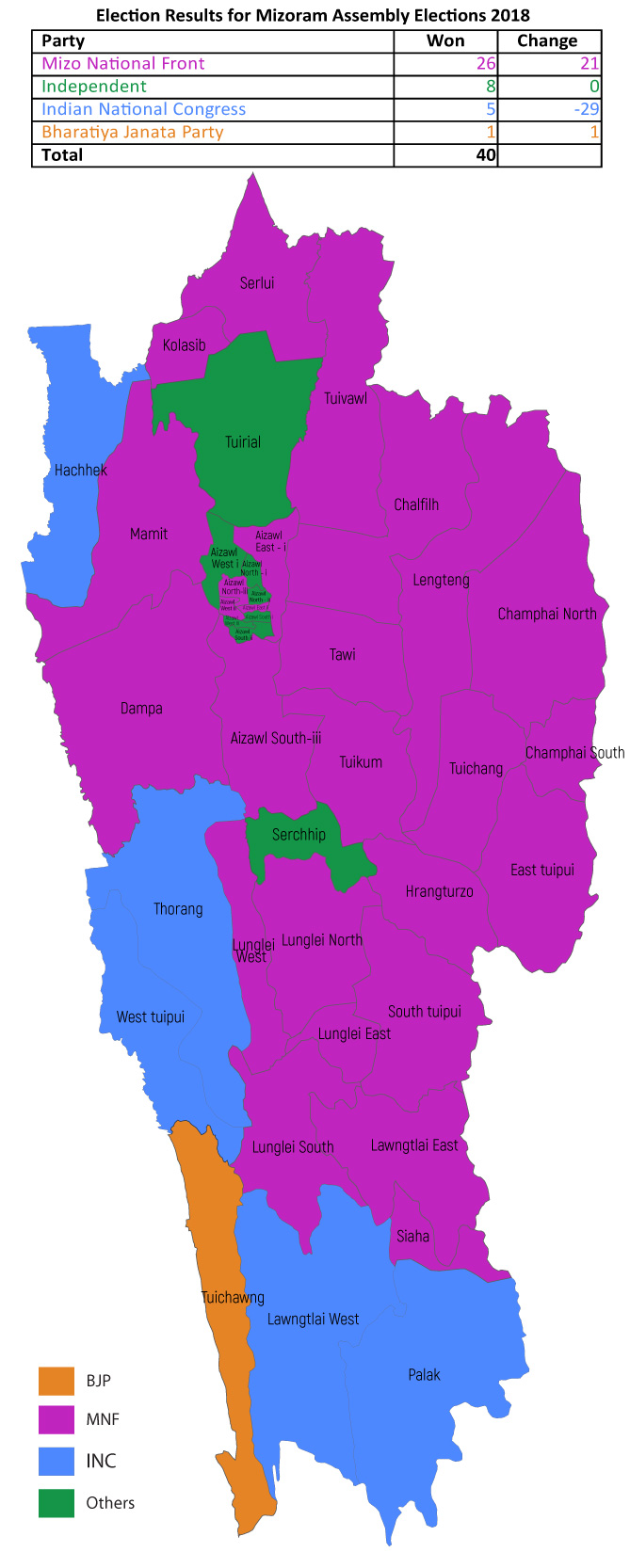 Map of Mizoram Vidhan Sabha Constituencies in 2018 Election Results