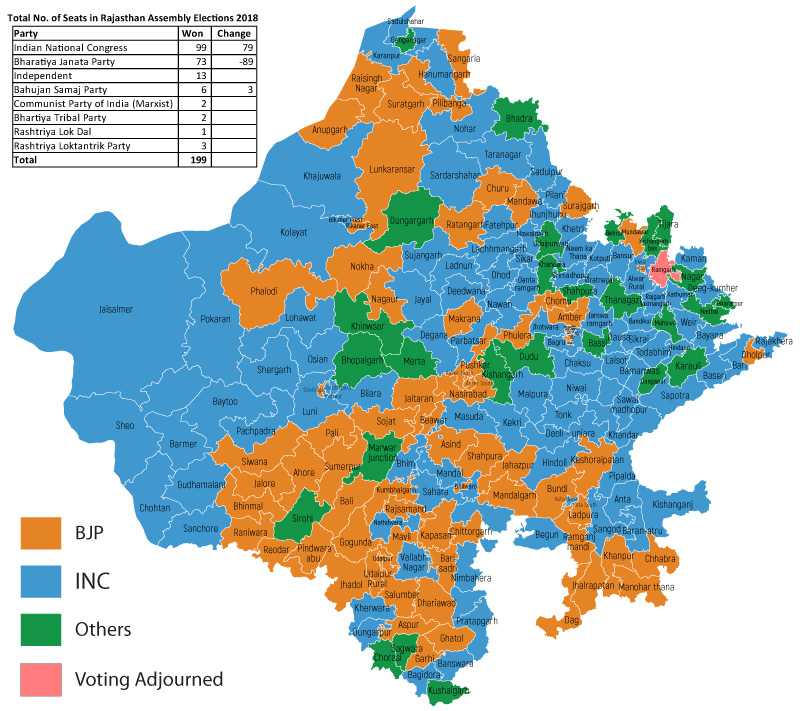 Map of Rajasthan Vidhan Sabha Constituencies in 2018 Election Results