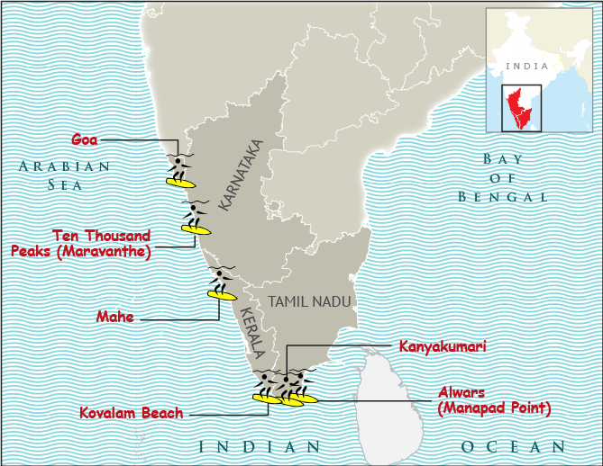 Top Surfing Destinations in India Map