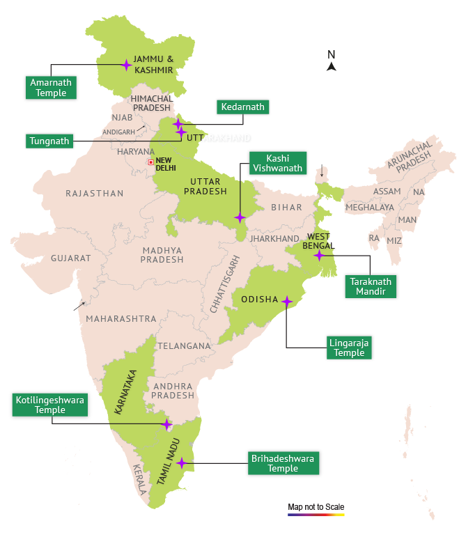 Shiva Temples in India Shown on Map