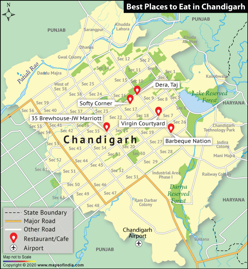 Map Showing Top Places to Eat in Chandigarh