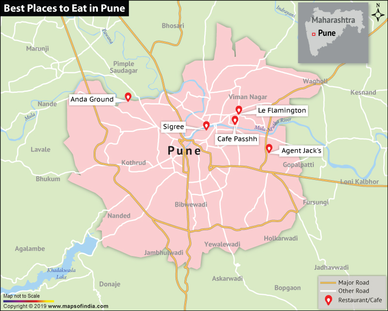 Map showing top 5 places to eat when you are visiting Pune.