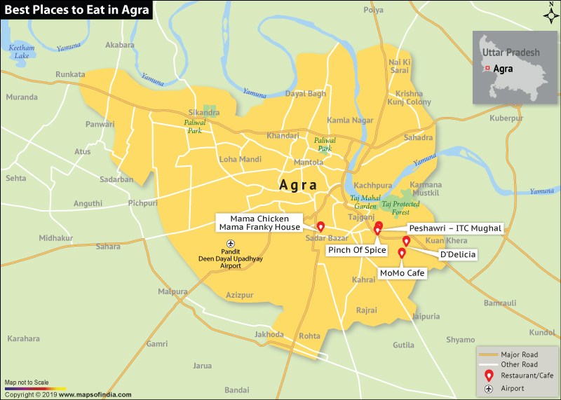 Map Showing Best Places to Eat in Agra