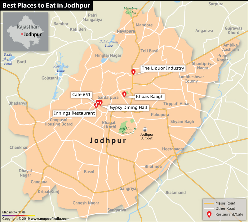 Map Showing Top 5 Places to Eat in Jodhpur