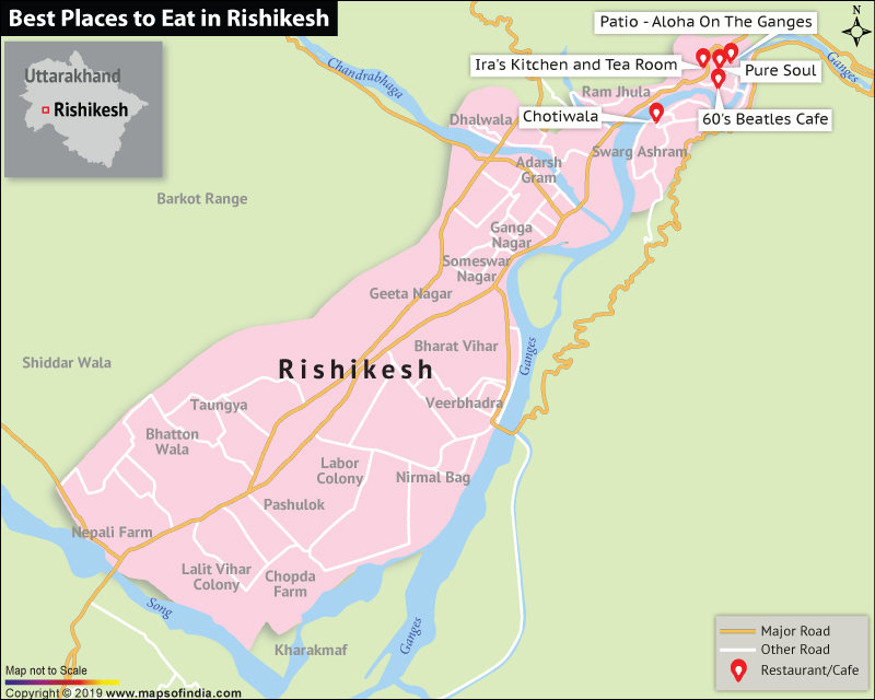 Map Showing Top Places to Eat in Rishikesh