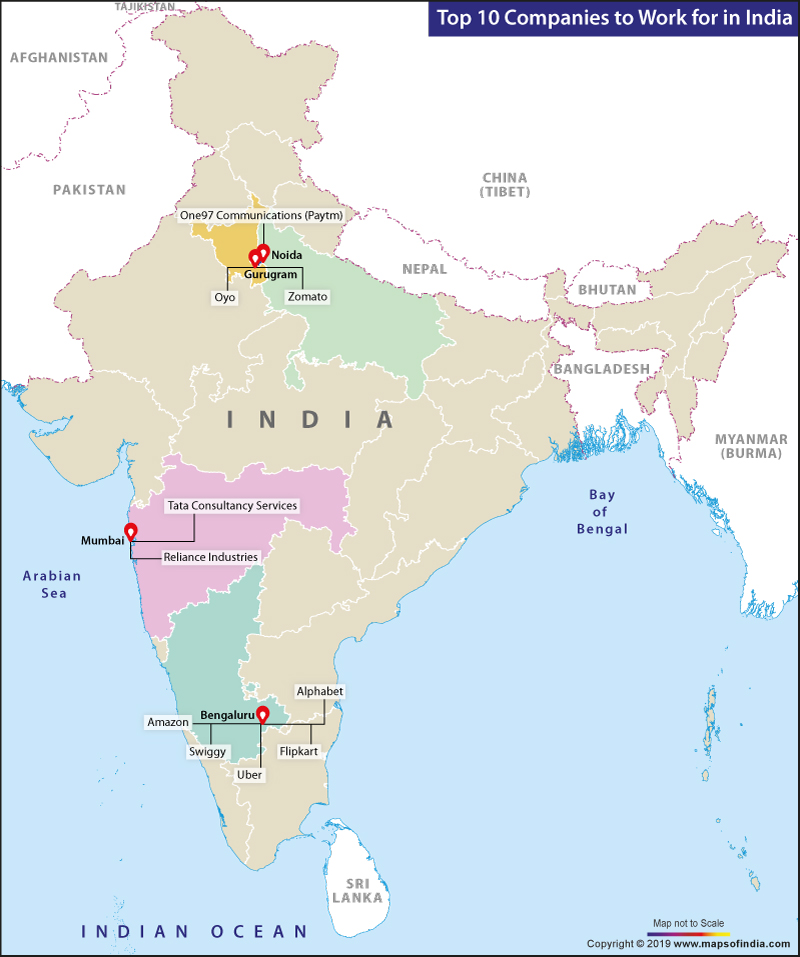 Map Showing Top 10 Companies to Work for in India Map Showing Top 10 Companies to Work for in India