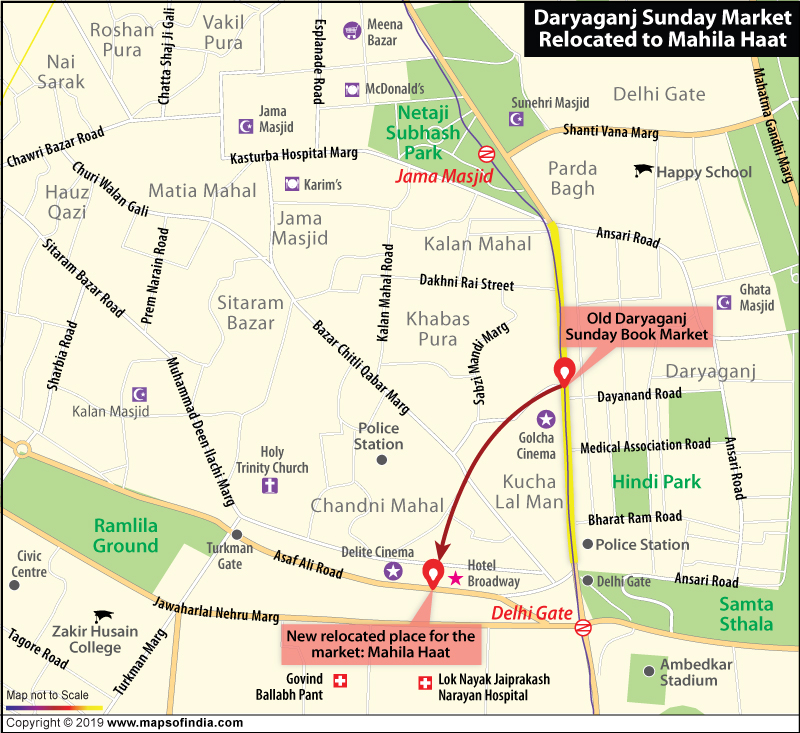 Map showing Mahila Haat,the new location of Daryaganj Book Market