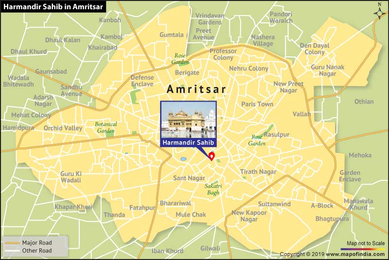 Map Showing Location of The Golden Temple in Amritsar