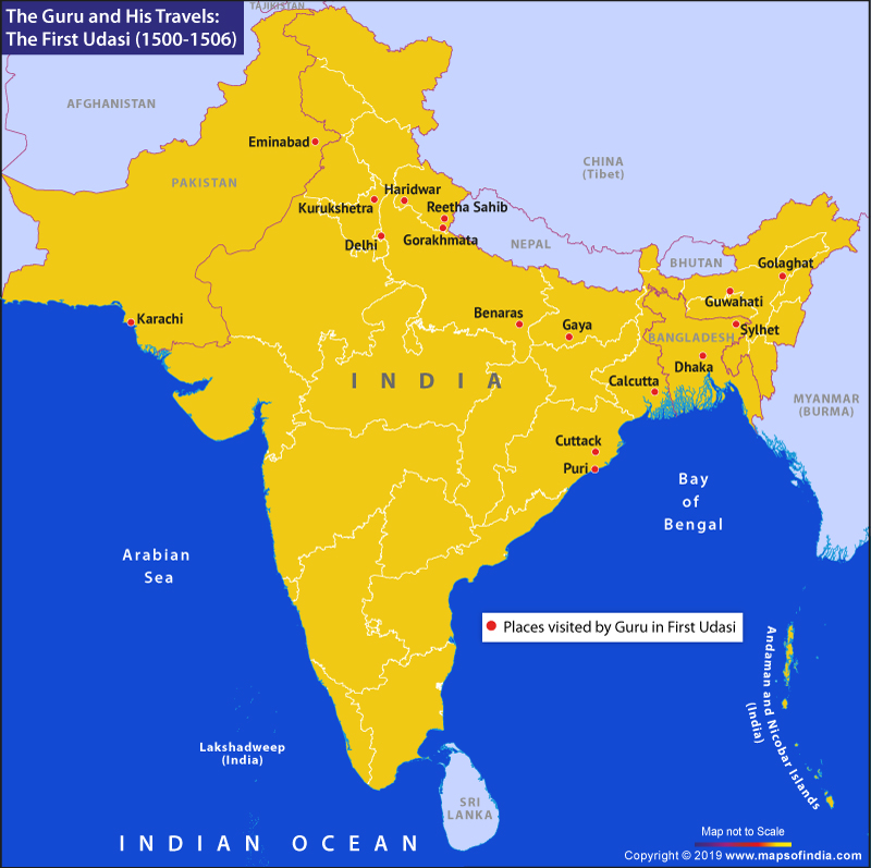 Map of India Showing Places Visited by Guru Nanak Dev Ji in First Udasi