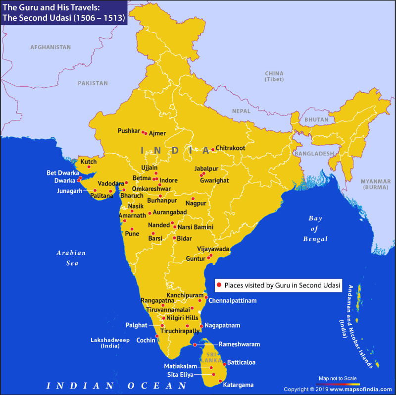 Map of India Showing Places Visited by Guru Nanak Dev Ji in Second Udasi