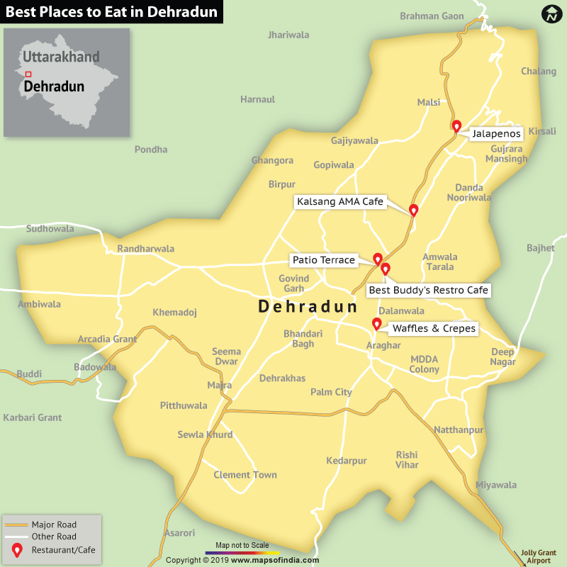 Map Showing Best Places to Eat in Dehradun