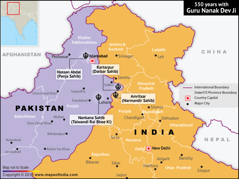 Map Showing Location of Guru Nanak Dev Ji Birthplace and Other Locations