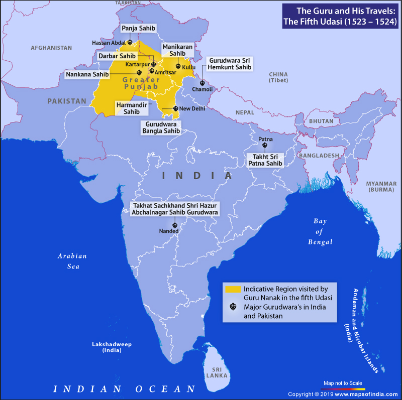 Map Showing Places Visited by Guru Nanak Dev Ji in Fifth Udasi